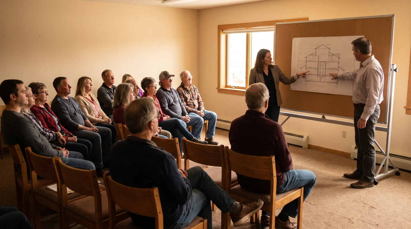 Illustration : assemblée de copropriétaires réunie pour voter des travaux de rénovation énergétique