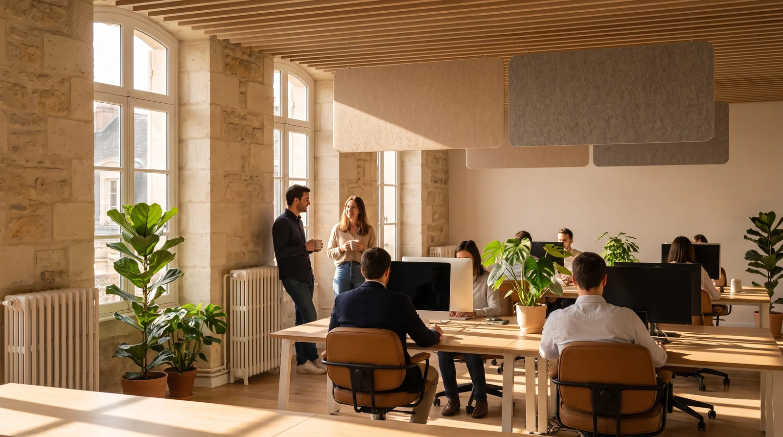 Illustration : plateau de bureaux rénové et lumineux, salariés au travail