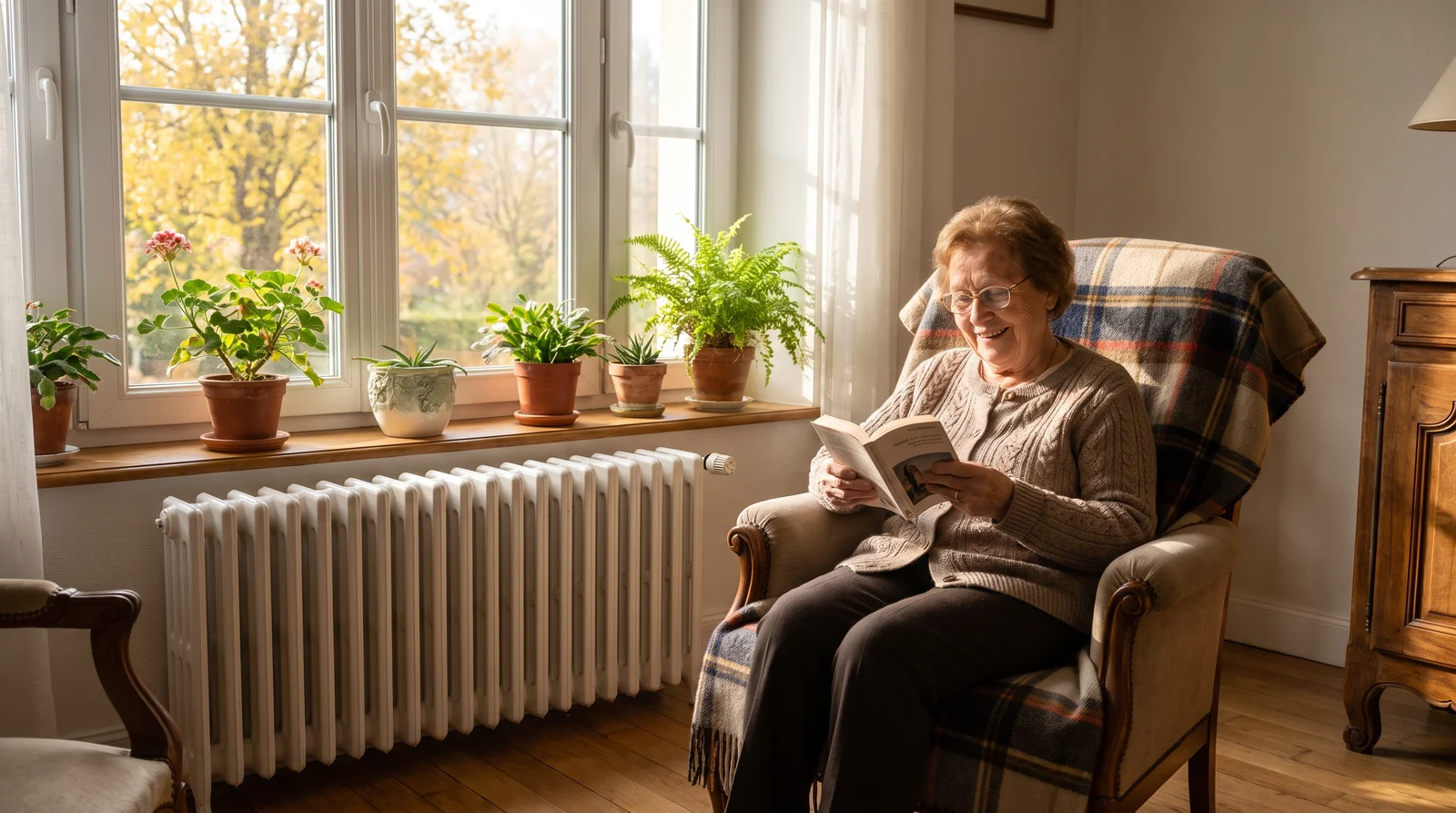 Illustration : résidente âgée lisant près de la fenêtre de sa chambre, dans un établissement rénové