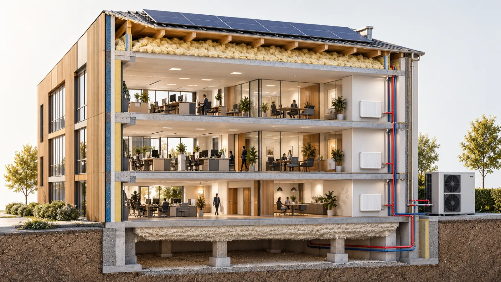 Coupe d'un immeuble rénové : laine minérale dans les combles, flocage sous la dalle, pompe à chaleur et panneaux solaires