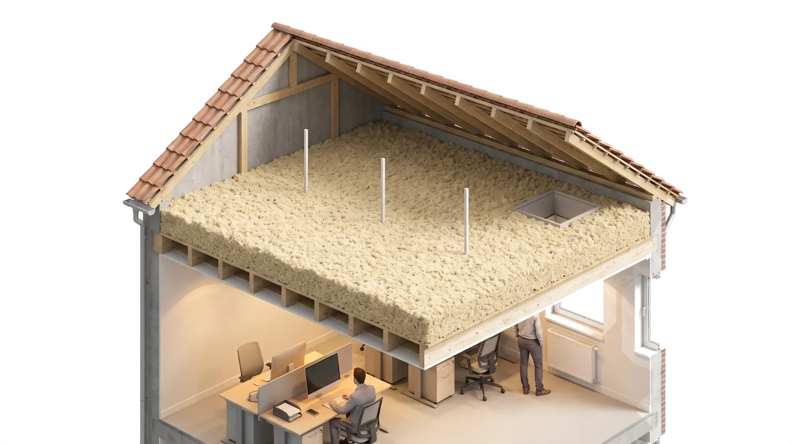 Coupe d'un dernier étage de bureaux : la laine minérale, ici soufflée, recouvre le plancher des combles perdus, sous la charpente, au-dessus de la pièce chauffée