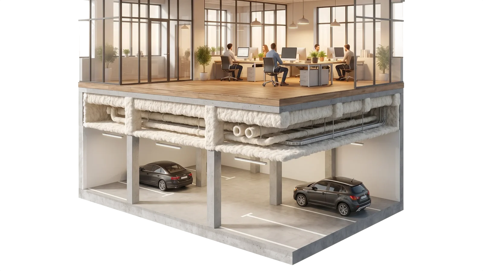 Coupe d'une dalle de béton au-dessus d'un parking : le flocage isolant projeté en sous-face enveloppe la dalle et ses réseaux, sous le hall et les bureaux chauffés