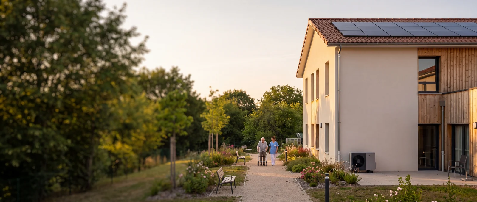 Illustration : résidente et soignante dans le jardin d'un EHPAD rénové en fin de journée, panneaux solaires en toiture et pompe à chaleur