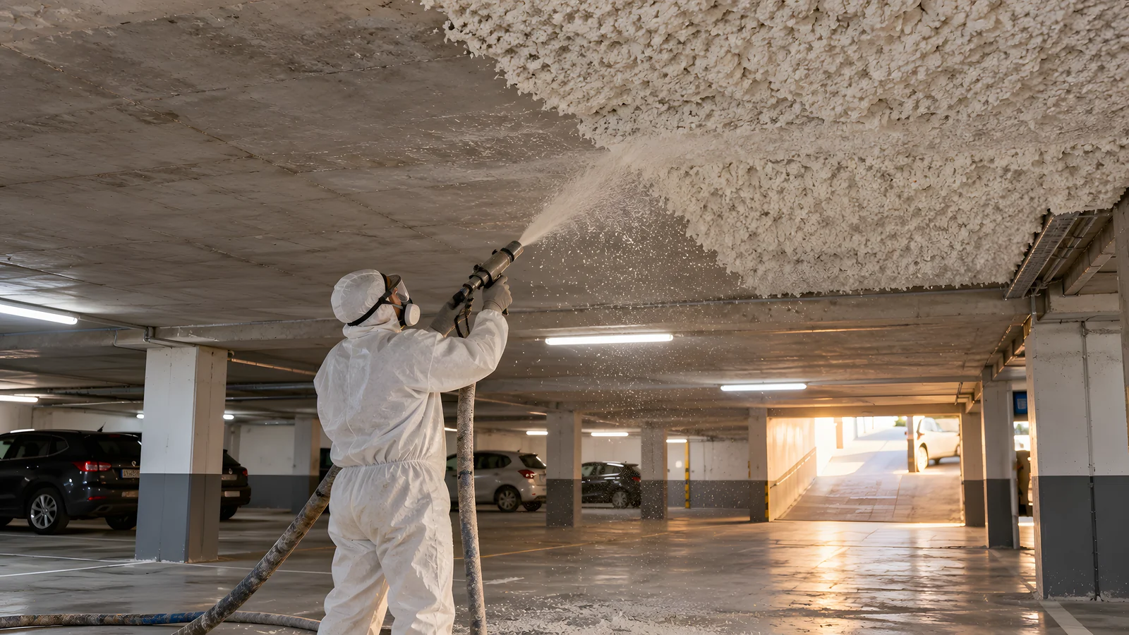 Illustration : technicien projetant un flocage isolant fibreux en sous-face de la dalle d'un parking souterrain