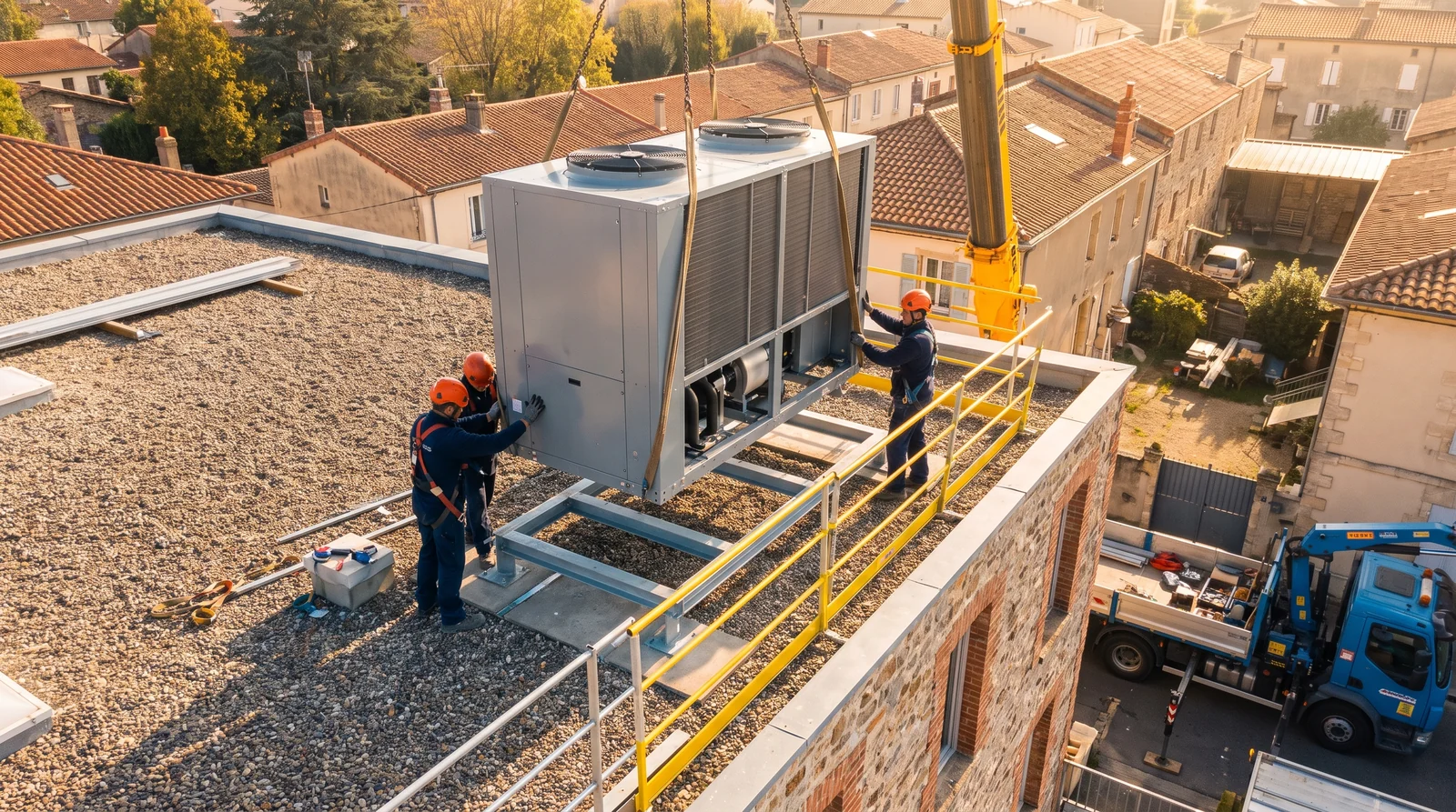 Illustration : grutage d'un équipement de chauffage collectif sur la toiture-terrasse d'un bâtiment, guidé par deux techniciens