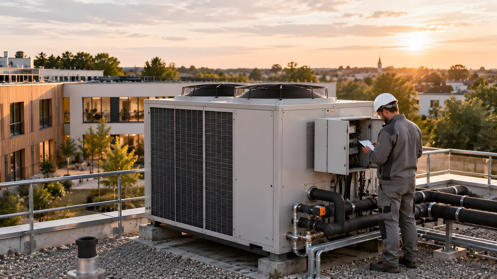 Illustration : technicien contrôlant une pompe à chaleur collective sur une toiture-terrasse, une opération finançable par les primes CEE