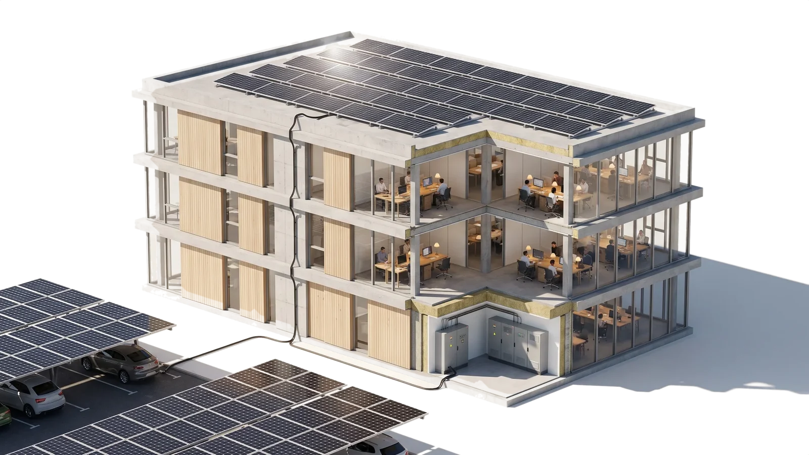 Vue en coupe d'un bâtiment de bureaux en pleine journée : les panneaux de la toiture et les ombrières du parking sont reliés au tableau électrique qui alimente les étages occupés
