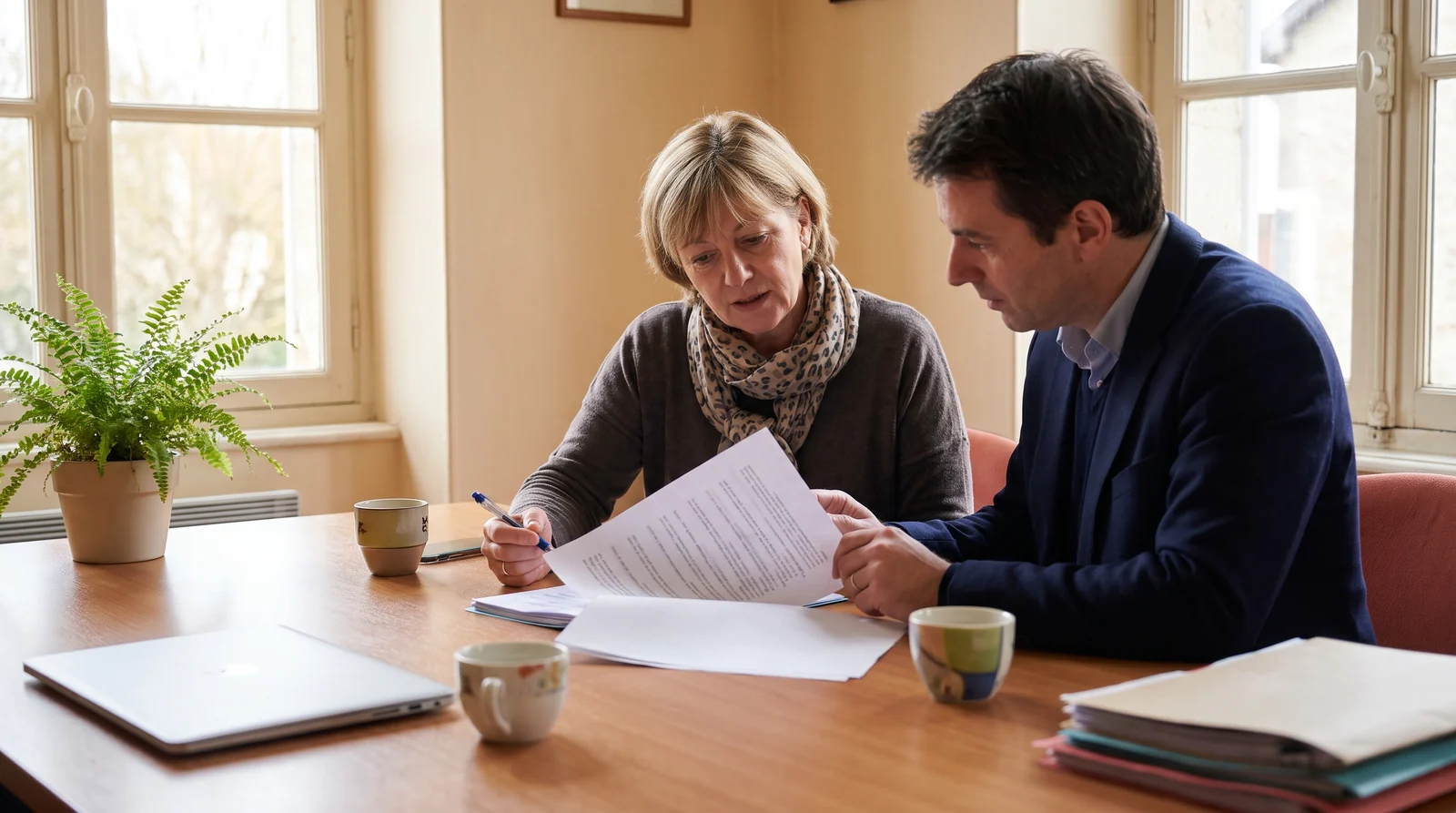 Illustration : une directrice financière et un conseiller relisent ensemble une proposition chiffrée avant signature
