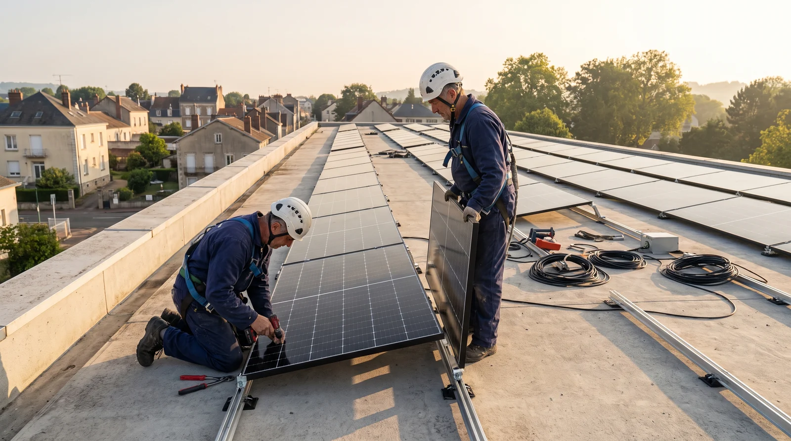 Illustration : deux installateurs harnachés fixent des panneaux photovoltaïques sur la toiture-terrasse d'un immeuble de bureaux
