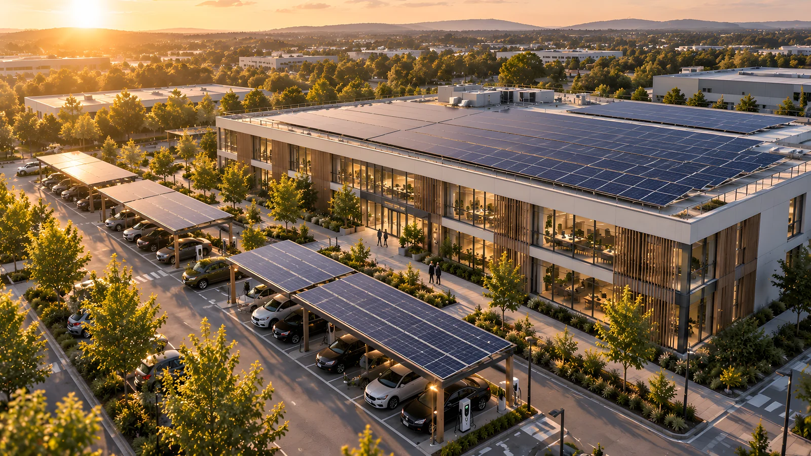 Panneaux solaires en toiture et ombrières photovoltaïques sur le parking d'un bâtiment tertiaire