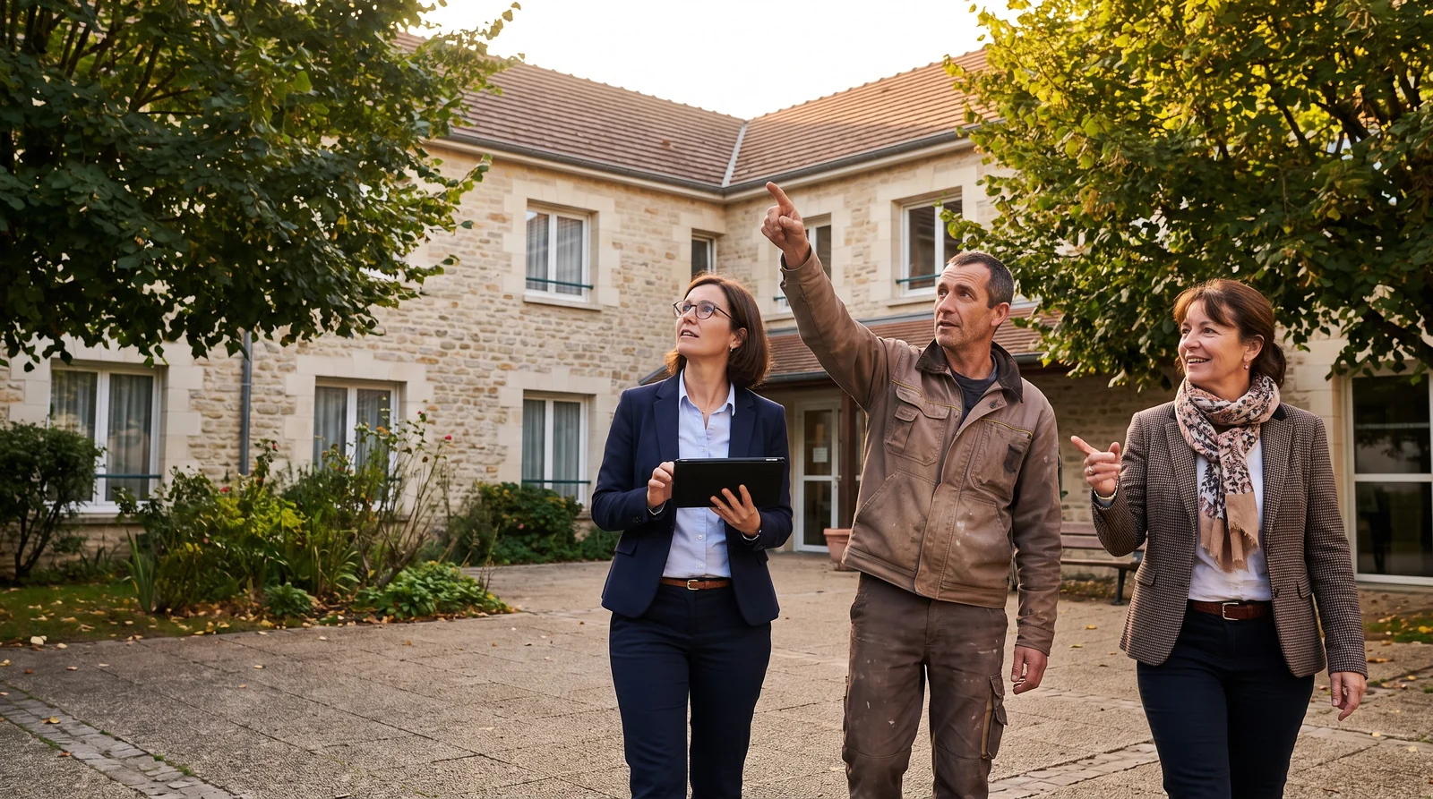 Illustration : une cheffe de projet et un technicien en visite sur site avec la directrice d'une résidence, devant la façade